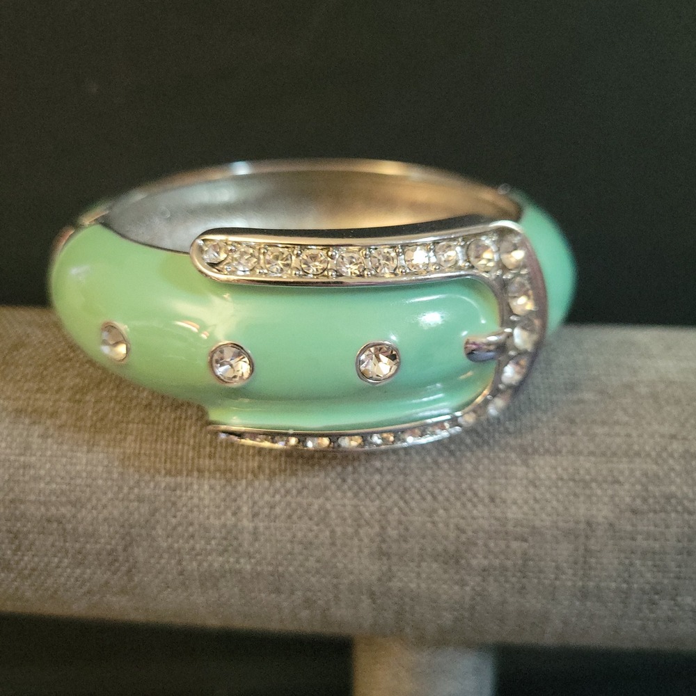 Mint Green Enamel Buckle Clamper Bracelet Rhinestone Silver Tone Size 7 Inch